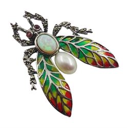 Silver plique-a-jour opal, marcasite and pearl bug brooch, stamped 925