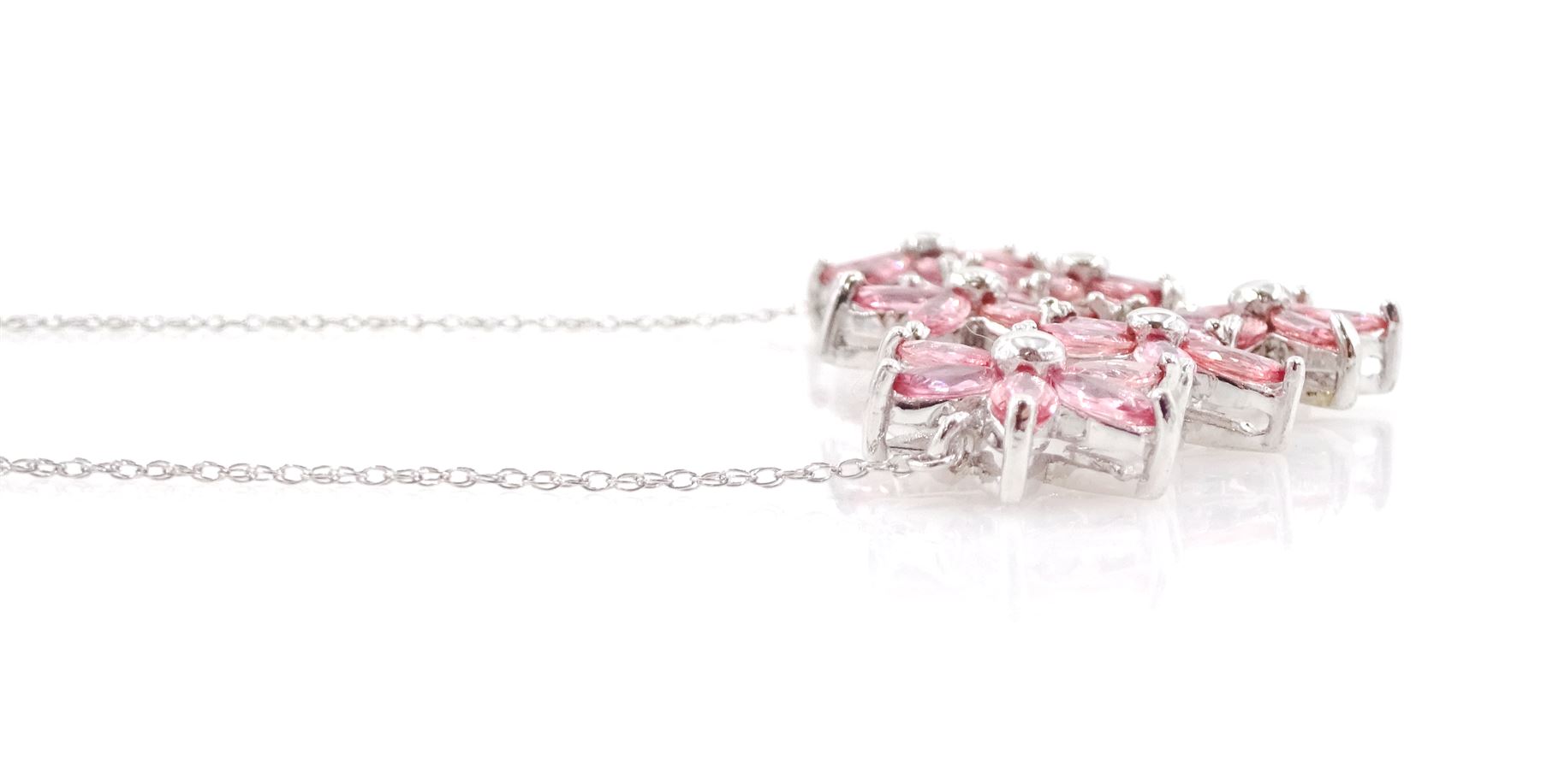 18ct white gold padparadscha sapphire flower head necklace, six flowers, each set with six marquise cut sapphires, stamped 750, total sapphire weight approx 4.40 carat