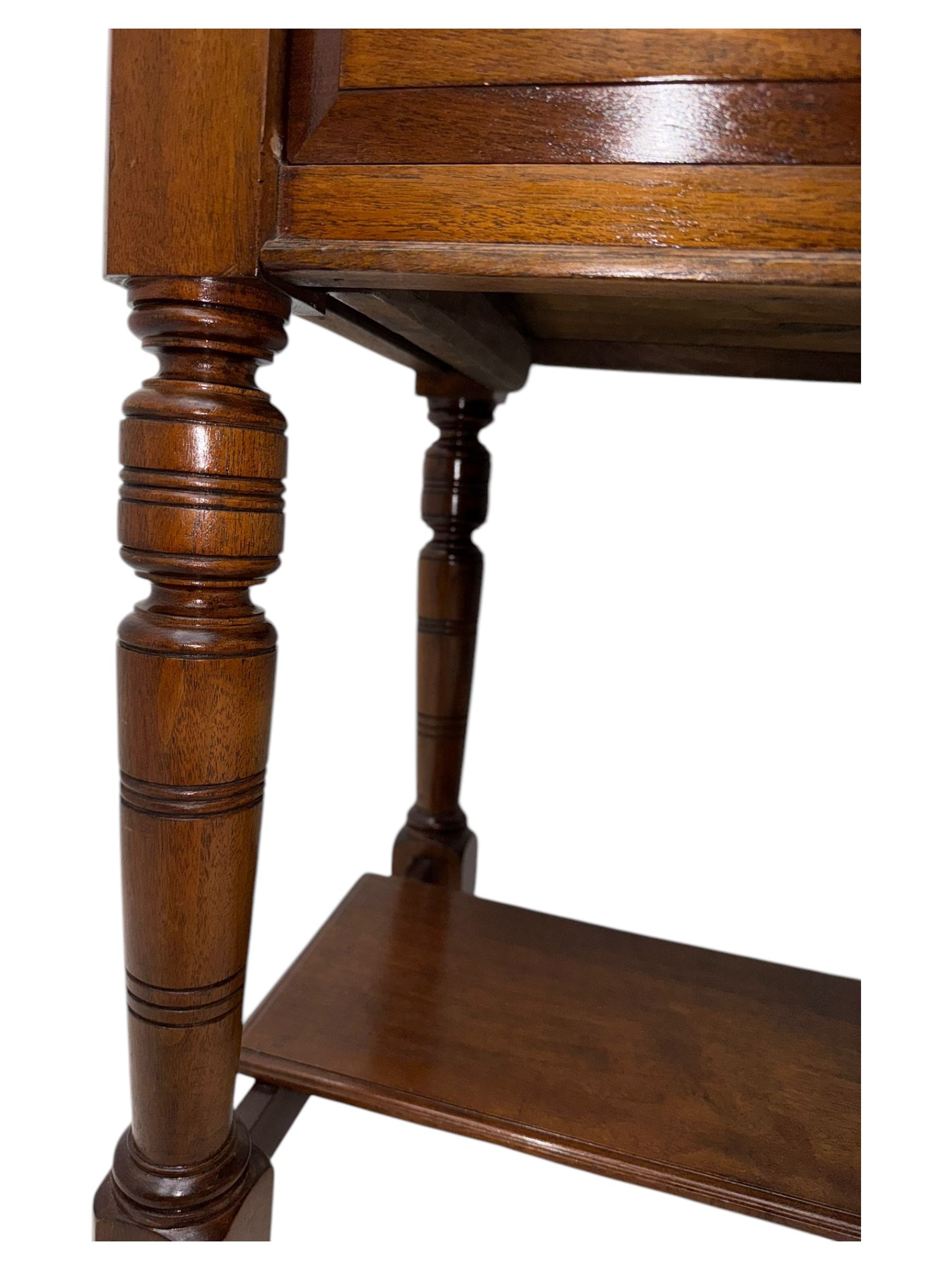 Victorian mahogany side table fitted with two drawers,  rectangular top over two short drawers with moulded facias and brass drop handles, turned front and rear supports joined by an open undertier, on turned feet 