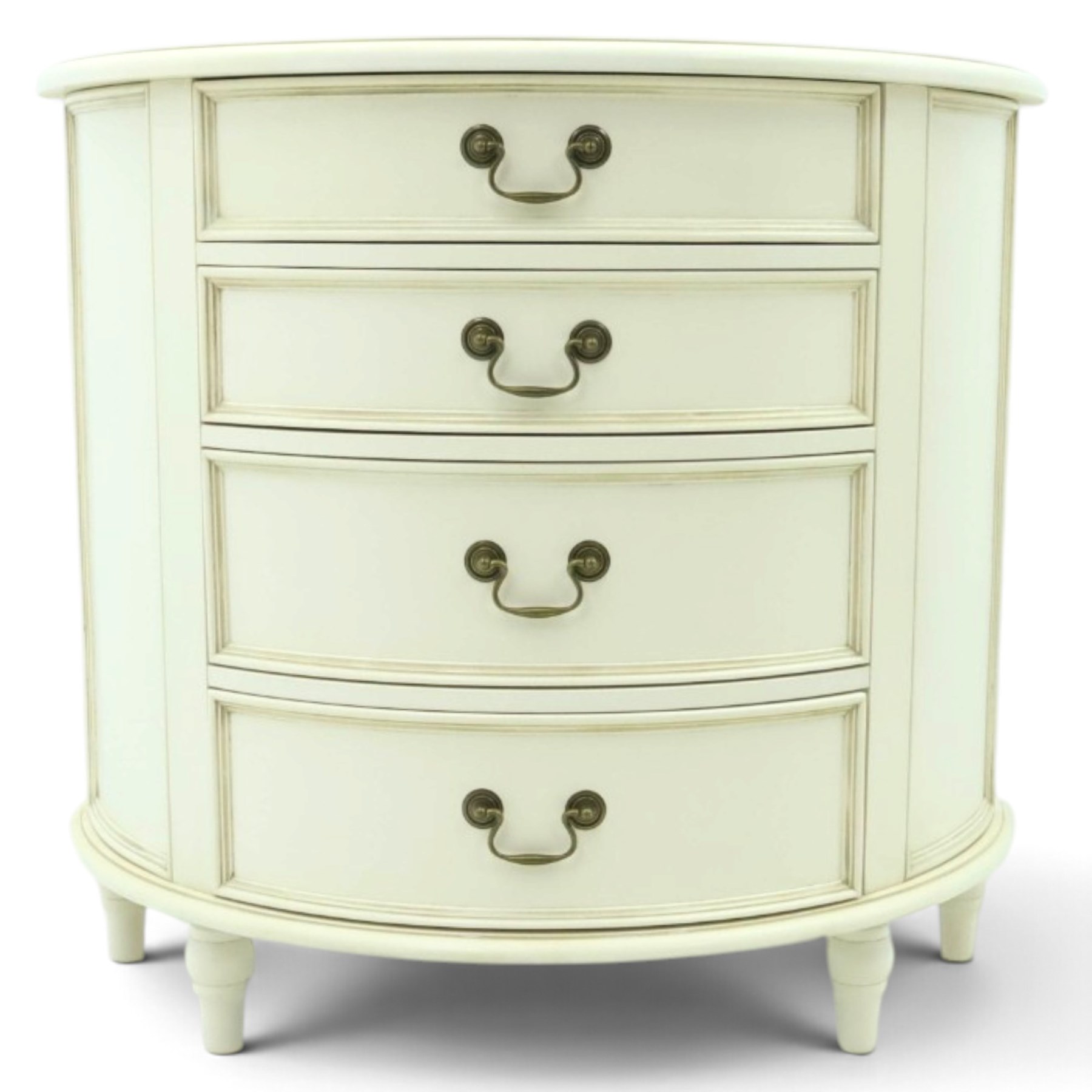 Laura Ashley - 'Clifton' demi-lune chest, fitted with four graduating bow-front drawers with brass swan neck handles, raised on turned supports, in ivory finish