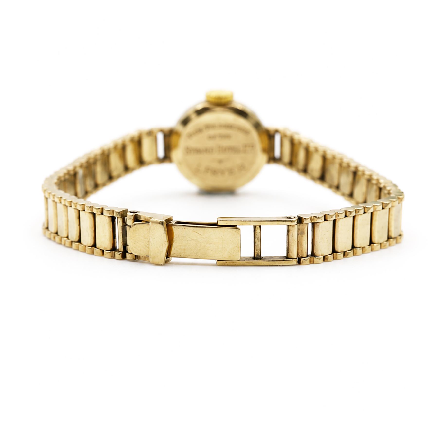 Ernest Borel ladies 9ct gold manual wind presentation wristwatch, silvered dial with baton hour markers, retailed by Mappin, on integral 9ct gold bracelet, London 1962