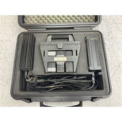 Trimble land surveying equipment - 5000 Series 5603 DR300+ Robotic Reflectorless Total Station, serial no.84310406; in carrying case; together with GPS Holder 58317019, serial no.95320184; ACU 571225500, serial no.83214786; Docking Station 58252019, serial no.95823458 with Power Supply; RMT 606 Remote Target on pole with CU Holder and External Georadio 2.4GHz; cased Power Pack Kit; folding tripod; and aluminium 5m telescopic measuring staff