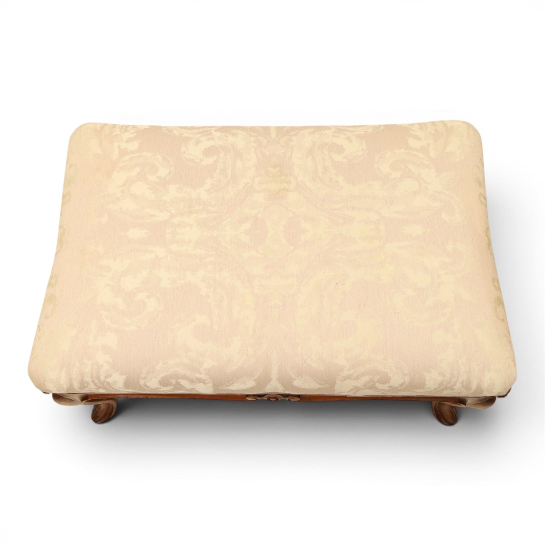 French walnut dressing stool, upholstered in pink damask fabric, raised on cabriole legs 