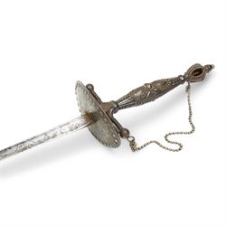 19th century French court sword, the triangular blade with floral and scroll decoration, cut steel hilt and oval guard, blade length 85cm