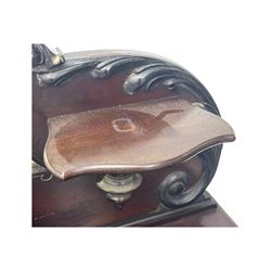 19th century French mahogany kneehole dressing table, raised mirrored gallery back with three small shelves and central hinged compartment, inset leather surface, two short drawers to each side, raised on slender cabriole supports with acanthus carved knees