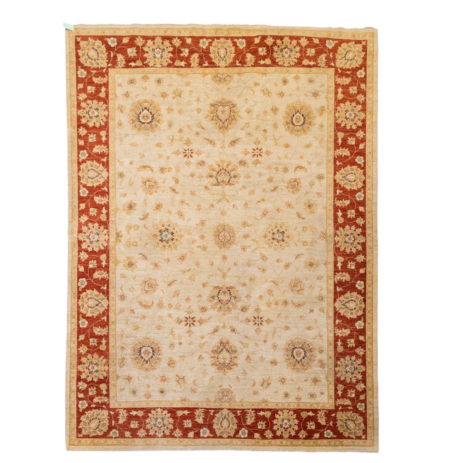 Indo-Persian Ziegler style Farahan design hand-knotted wool carpet, ivory field with open composition with dispersed palmettes, floral sprays and scrolling vinery with central subtle medallion enclosed within deep madder red border of complementary stylized foliate motifs