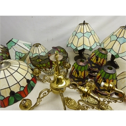  Tiffany style Dragonfly decorated pendant light fitting, D39cm with  seven matching shades and two wall lights, four Tiffany style shades, two table lamps, five branch centre light fitting and two wall sconces  