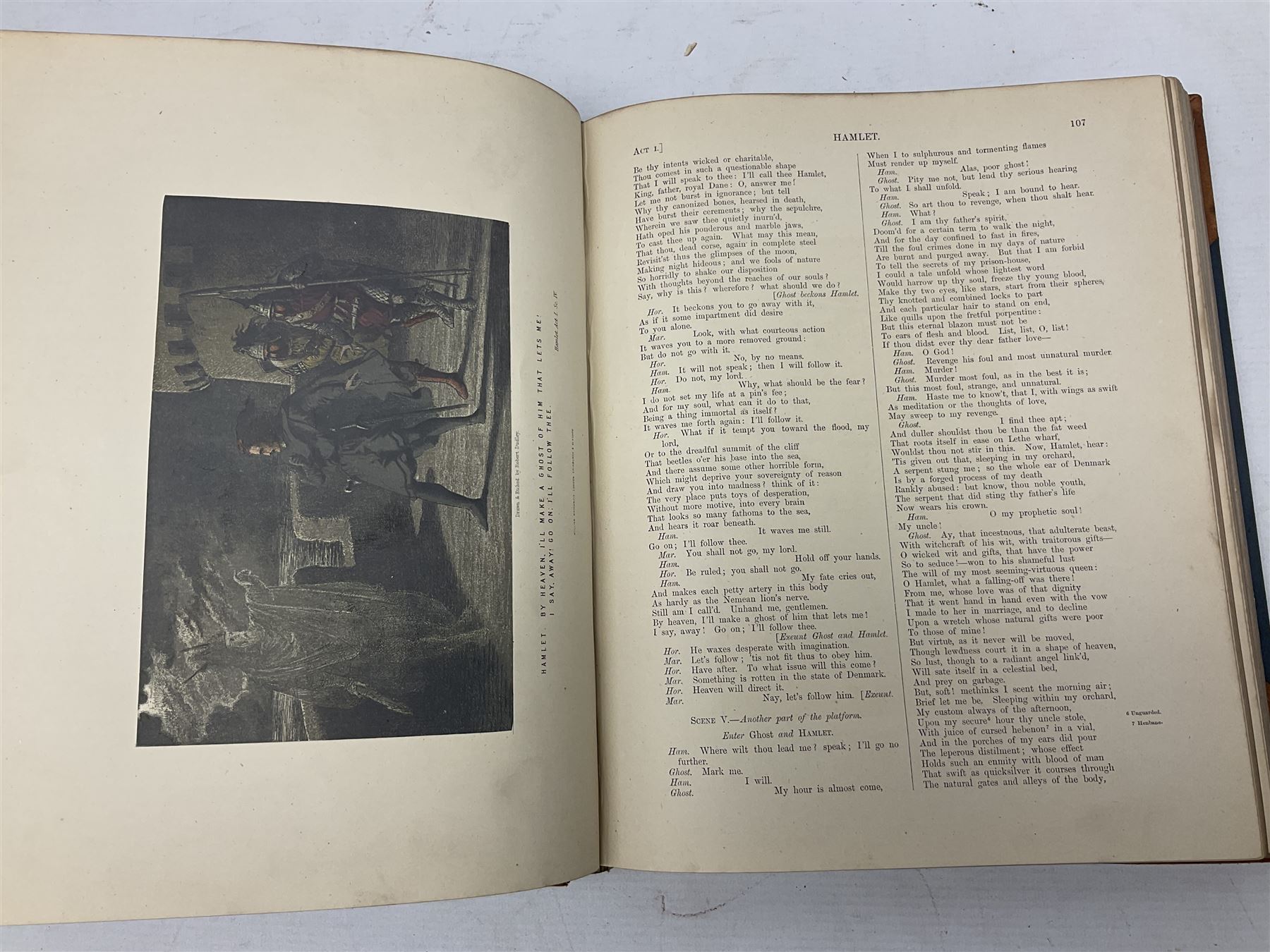The Library Shakspeare Illustrated by Sir John Gilbert, George Cruikshank and R. Dudley with laid-in colour plates, three volumes, uniformly bound in half leather with a.e.g.