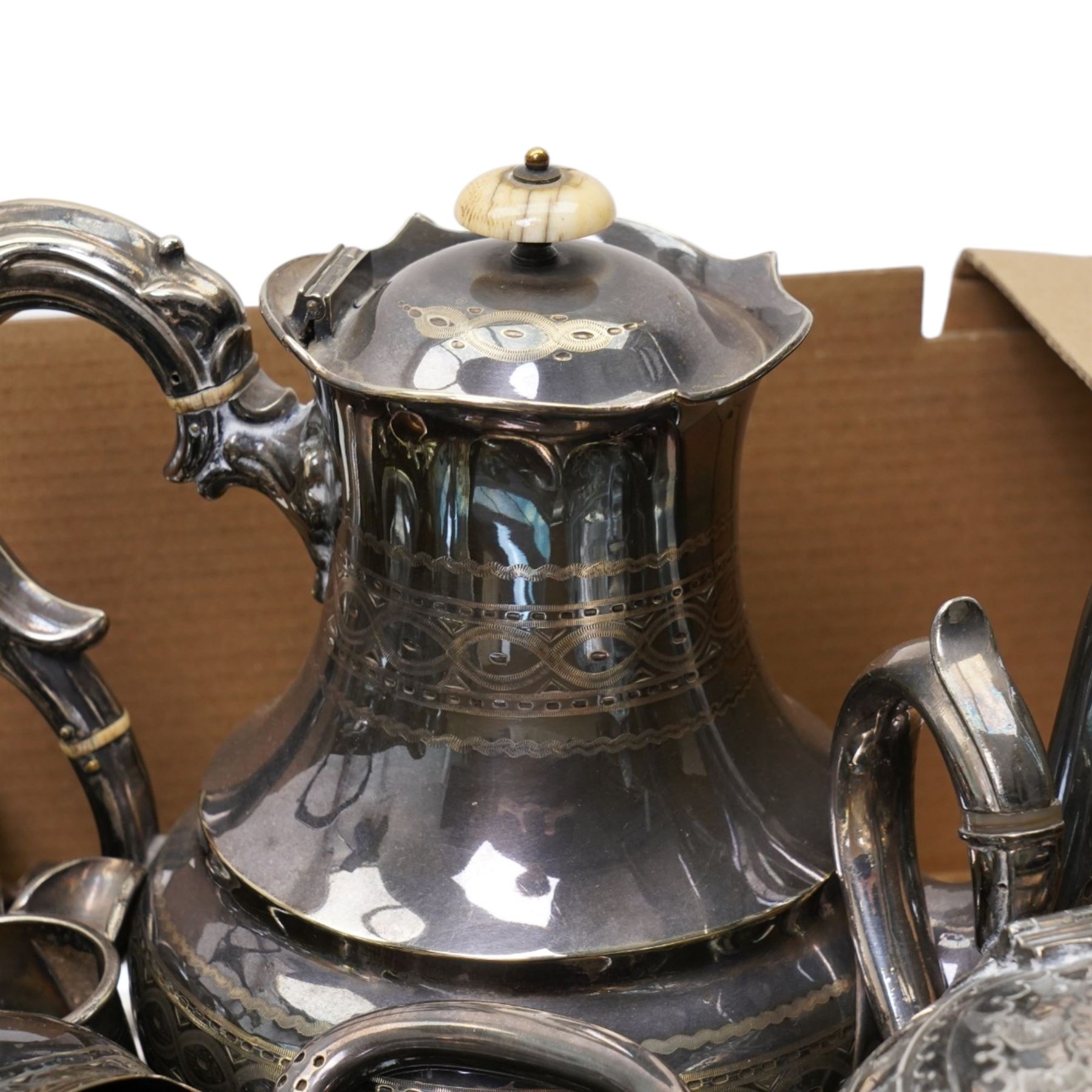 Silver plated items including coffee pot, tea pots. hotel plate etc