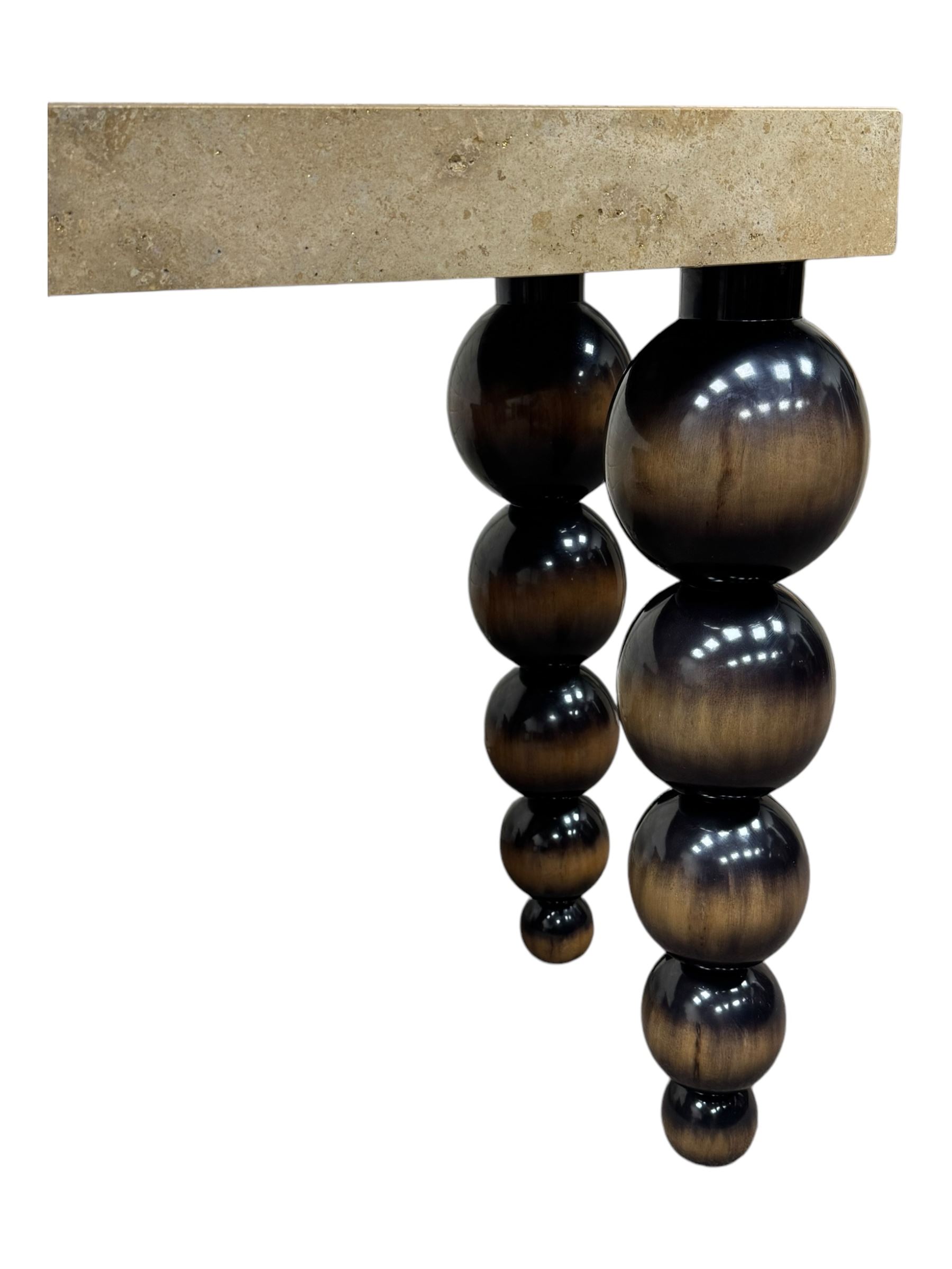 Bramley - contemporary Italian design Tivoli console table, marble top inset with gold crystals, supported by four stacked wooden supports in an antic brown lacquered finish