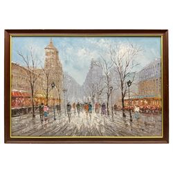 French School (20th century): Parisian Street Scene with Figures, oil on canvas signed 'Burnett' 60cm x 90cm