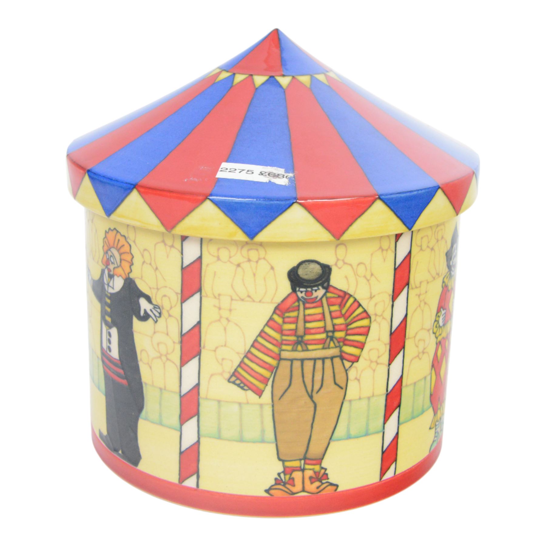 Dennis Chinaworks circus tent jar, designed by Sally Tiffin, the body decorated with clowns, upon a yellow ground, the lid decorated as a circus top, limited edition 12/25, impressed and painted marks beneath 
