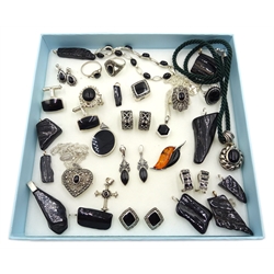  Collection of jet and silver mounted jet jewellery including marcasite and jet earrings and rings, pair of cufflinks, necklaces, bracelets and pendants mostly stamped 925 (30)  