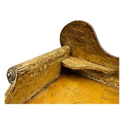 Victorian scumbled pine dressing table, rectangular top with shaped and scrolled gallery back, fitted with two drawers with ceramic knobs, on turned supports