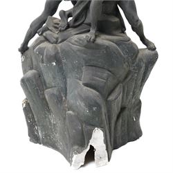 Neoclassical 19th century plaster pedestal, the base cast as two straining Atlantes on a naturalistic rocky base, unmarked, excluding fittings H65cm; together with a set of three plaster figures, cast as Egyptian ladies in headdresses and draped in cloth, by John Dominic Giannelli (1775-1841), the reverse with hieroglyphic decoration, inscribed 'Published as the Act Directed By J D Giannelli 1805', possibly corresponding attachments for the aforementioned pedestal, H62cm 
Provenance: property of a Nobleman