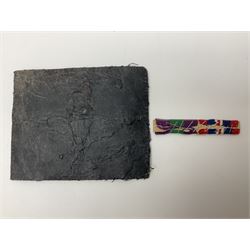 Parachute regiment - chrome crest on oak easel shield; three cloth badges; small silver plated figure; and pin badge; together with 10cm diameter cannon ball etc