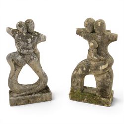Pair of composite stone gardens sculptures, in the manner of Henry Moore, tallest 102cm