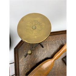 Antique postal scales, mother of pearl handled letter opener, twin handled tray with inlaid decoration and other miscellaneous items