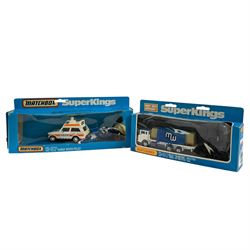 Collection of diecast model vehicles, including Matchbox Superkings K34 Pallet Truck (missing forklift), Matchbox Superkings K97 Range Rover Police, Corgi Super Silo Truck, Matchbox Superkings K17 Container Truck, Matchbox Superkings K3 Grain Transporter, Britains 9672 British Despatch Rider, Corgi Ford Escort and a Corgi Austin Metro, all boxed and Matchbox K33 Cargo, unboxed
