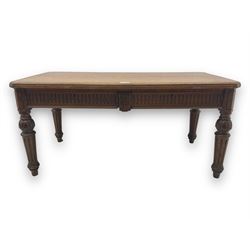Late 19th century oak library table, moulded rectangular top with canted corners, fitted with two frieze drawers with fluted facias, on lobe carved and fluted turned supports 