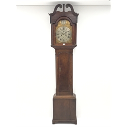  18th century oak longcase clock, arched brass dial, signed in roundel Wm.Elliot Whitby, case with swan neck pediment and crossbanded door, 8-day movement striking the hours on a bell, H219cm  