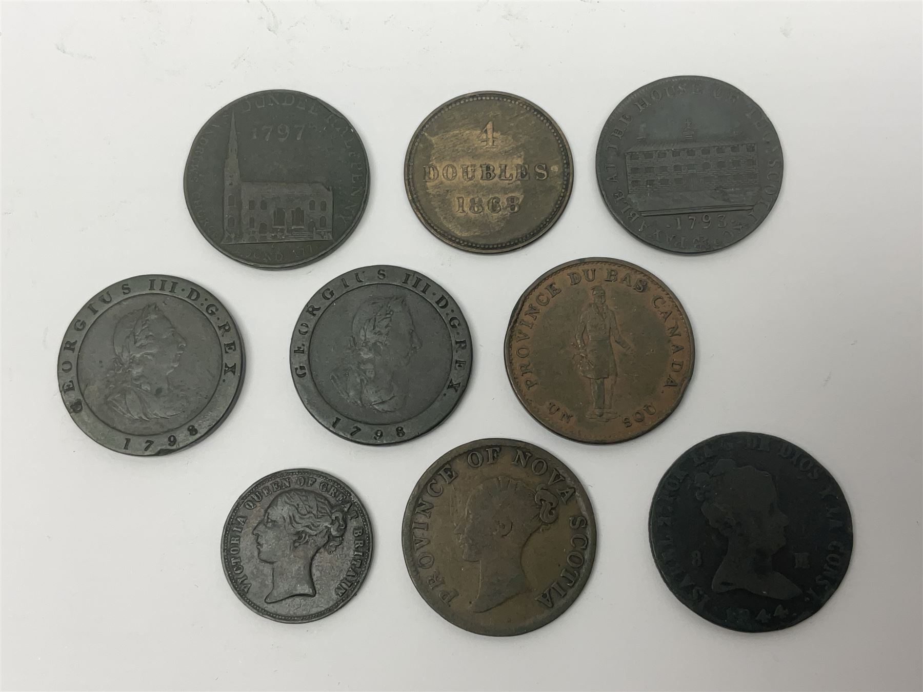 Thirty six late 18th century and onwards United Kingdom and World coins and tokens, to include 1772 Catherine II 5 Kopecks, Swedish quarter and half Skilling pieces dated 1809 and 1806, two Skilling Courant piece dated 1810, 1831 Isle of Man half penny token etc 