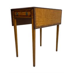Mid-to-late 20th century Sheraton style satinwood Pembroke table, the drop leaf top with segmented veneers and central oval panel with ebony stringing, crossbanded in rosewood and with edge moulding, single short drawer to one end and faux drawer to other, square tapering supports