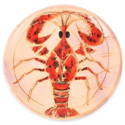 Monique Brunner - earthenware plates, decorated with fish and shellfish, upon a pink and cream ground, signed Vallauris beneath, six D20cm, one D24cm  