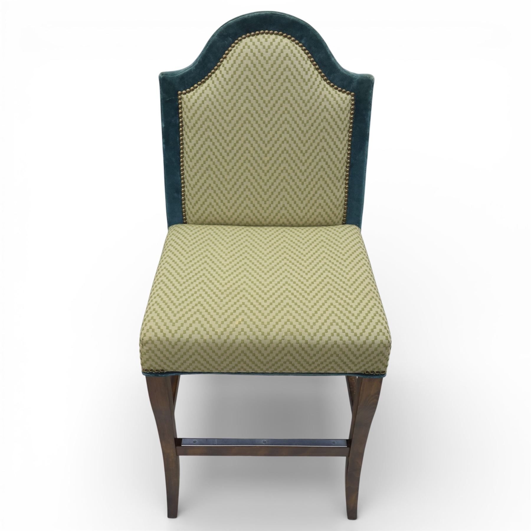 Pair of padded back high seat bar stools, upholstered in cream chevron fabric with green velvet trim 