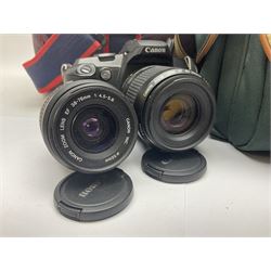 Cameras and accessories, to include Olympus OM101 Power Focus camera body, serial no 1076067, with 'Sigma AF Zoom 1:38, f=75 200mm' lens, serial no 2053714, Canon EOS 5000 camera body, serial no 1507812, with 'Canon Zoom EF 80-200mm, 1:4.5-5.6' lens, other cameras, by Miranda, Coronet and Ricoh and a collection of lenses, carry cases, etc 