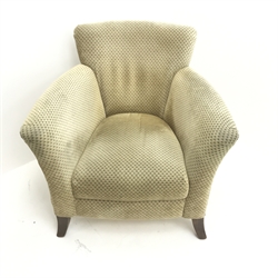 Tub style armchair upholstered in a patterned beige fabric, shaped supports, W86cm 