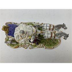 Capodimonte figure group of a horse drawn carriage with two horses pulling an open carriage with a male with dresden lace cuff and a female with full dresden lace skirt,  on a naturalistic base, H15.5cm