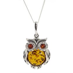Silver amber owl pendant necklace, stamped 925
