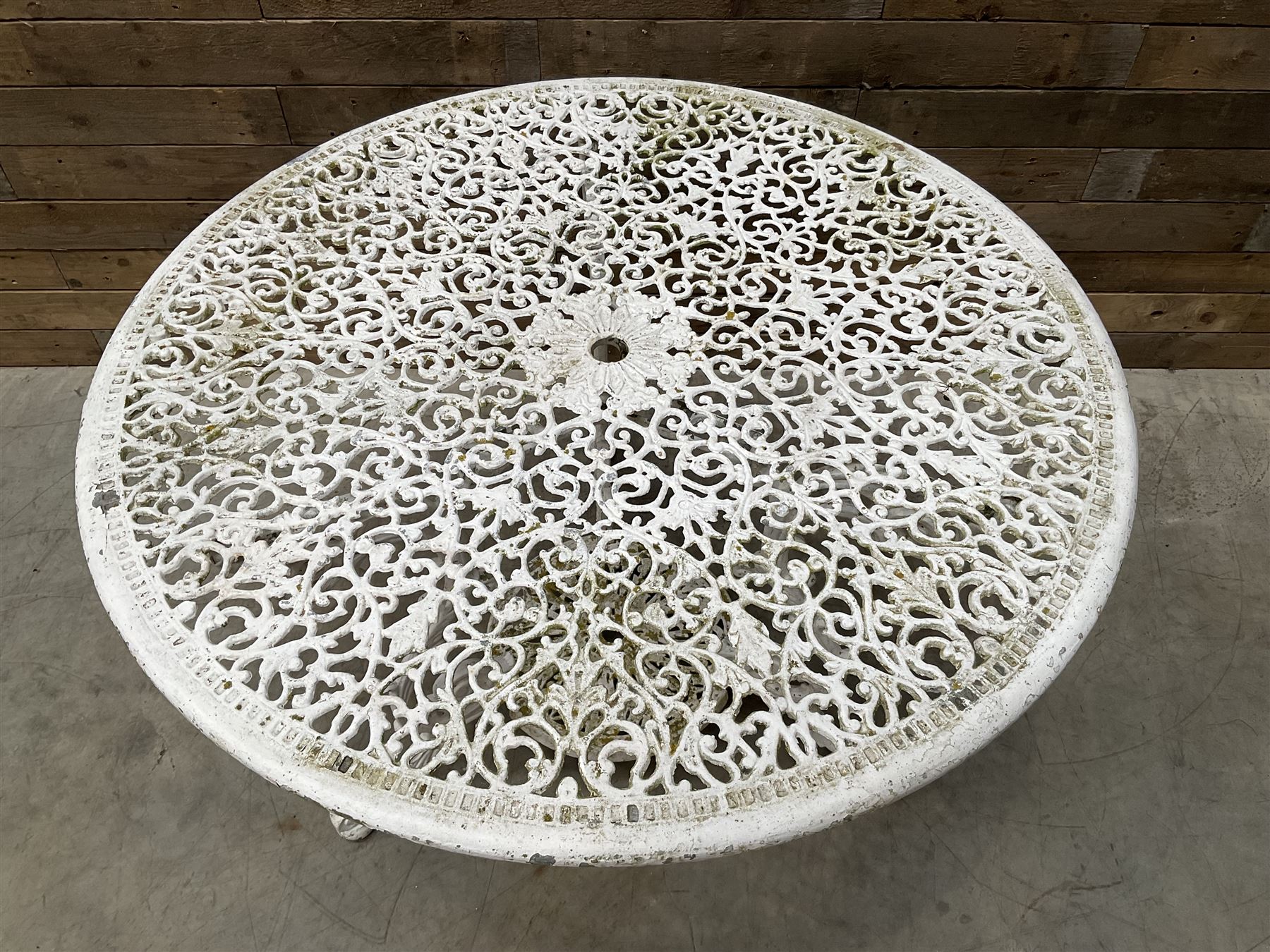 Victorian design cast aluminium circular garden table (D109cm, H72cm) and six armchairs 