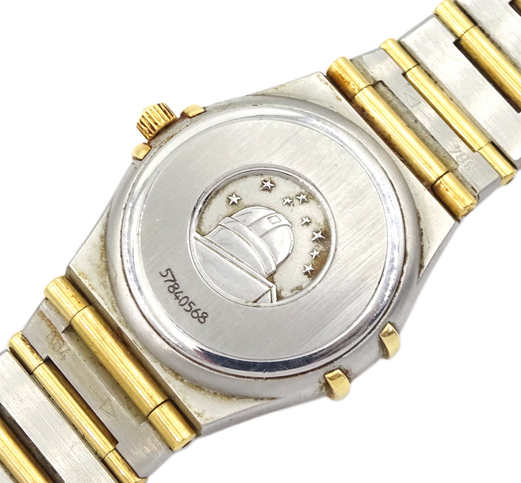 Omega constellation ladies gold and stainless steel quartz bracelet wristwatch, serial No. 57840568, mother of pearl and diamond dot dial boxed