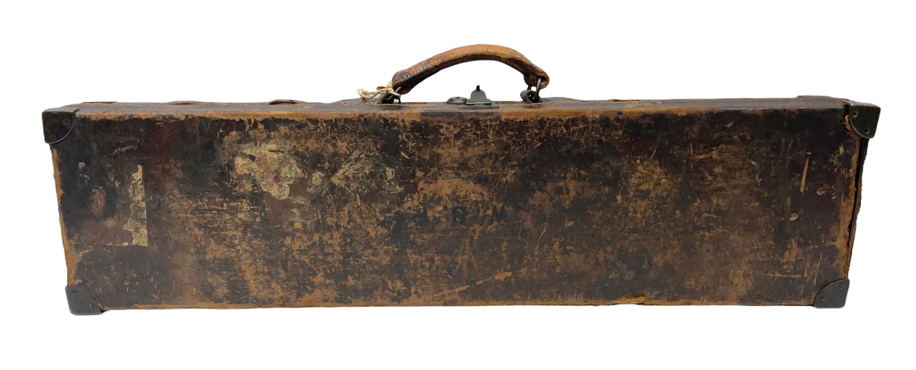 19th/early 20th century brass bound leather shotgun case with fitted interior to accommodate 72cm (28.25