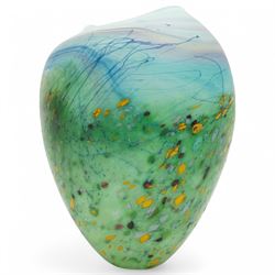 Peter Layton (British 1937-): Art glass vase of oval tapering form decorated with meadow flowers, etched signature H16cm
