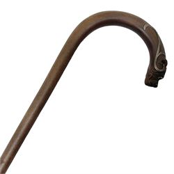 19th century carved wooden walking stick the curved handled modelled as a dog with silver mounts and glass eyes, H81cm