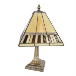 Small Tiffany style table lamp, with cream and brown stained glass shade and column base, H35cm, with box