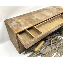19th century counter top four drawer chest, H18.5cm W70.5cm  and old woodworking tools