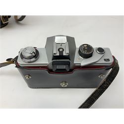 Praktica L camera body, with 'Meyer-Optik Gorlitz Domiplan 2.8/50' lens, CMS Commet II camera, Pair of Janik 8x30 binoculars in a case etc