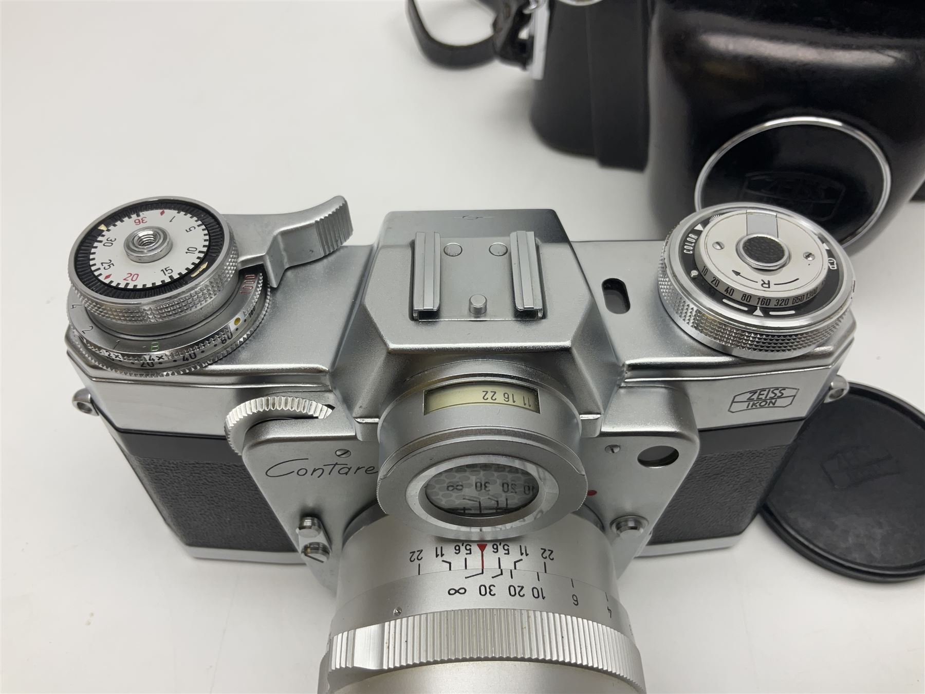 Zeiss Ikon Contarex Bullseye camera body, serial no. T92257, with 'Carl Zeiss planar 1:2 50mm' lens, serial no. 2374659, in Contarex ever ready case