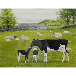 C L Morton (British Contemporary): Sheep and Cattle on a Dales Farm, watercolour signed 39cm x 50cm