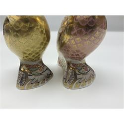 Two Royal Crown Derby paperweights, comprising Cockatoo, with gold stopper and Citron Cockatoo, with gold stopper, both with printed mark beneath and original box