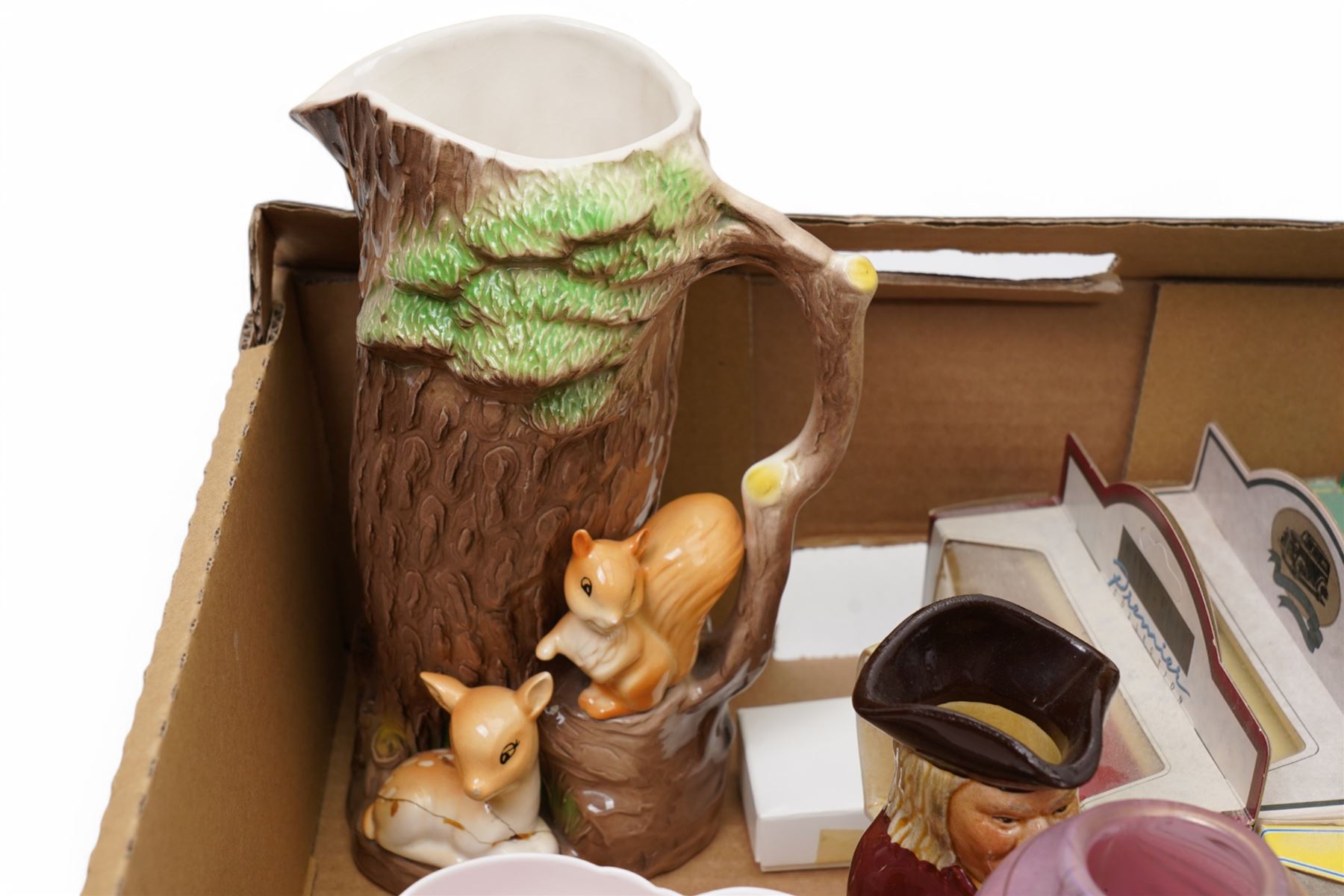 J S Akroyd - Lakeland glass vase, Mdina vase, carved Indian box, costume jewellery and other model vehicles etc