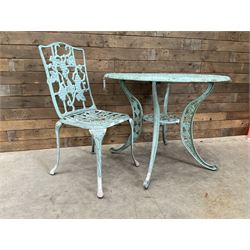 Victorian design aluminium garden table decorated with leaf and berries, and matching chair