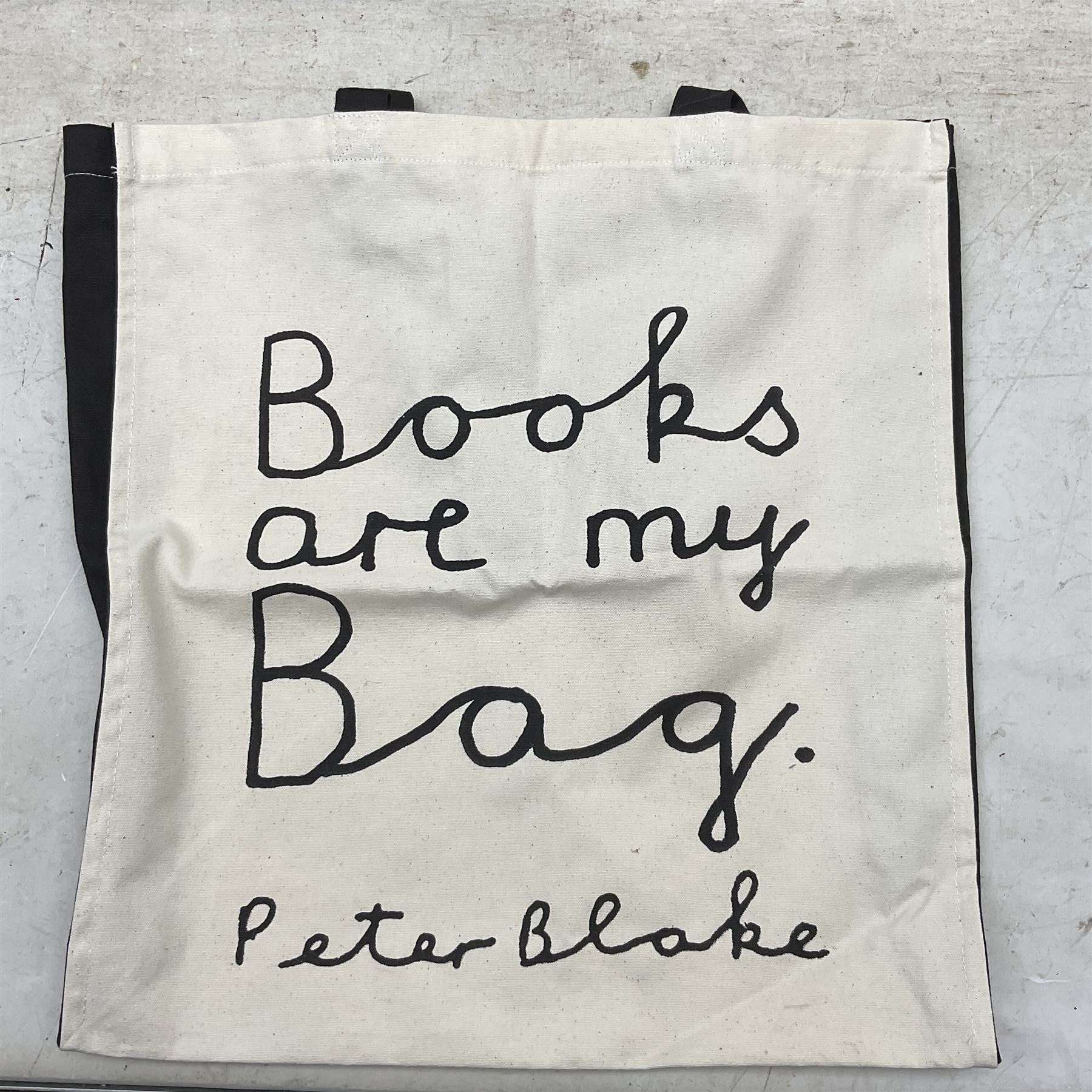 Peter Blake (British 1932-): 'H' and 'E' Postcards from 'An Alphabet' series, signed; together with two posters 'Peter Blake - Sculpture and Other Matters' and 'Under Milk Wood', and a 'Books are my Bag' tote bag (5)