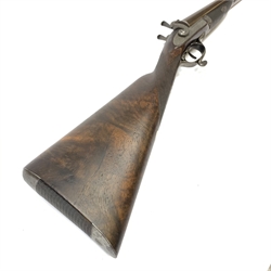 19th century James Erskine of Newton Stewart 12-bore pin-fire side-by-side double barrel hammer shotgun with screw under lever opening, walnut stock and 76cm damascus barrels, L118cm overall 