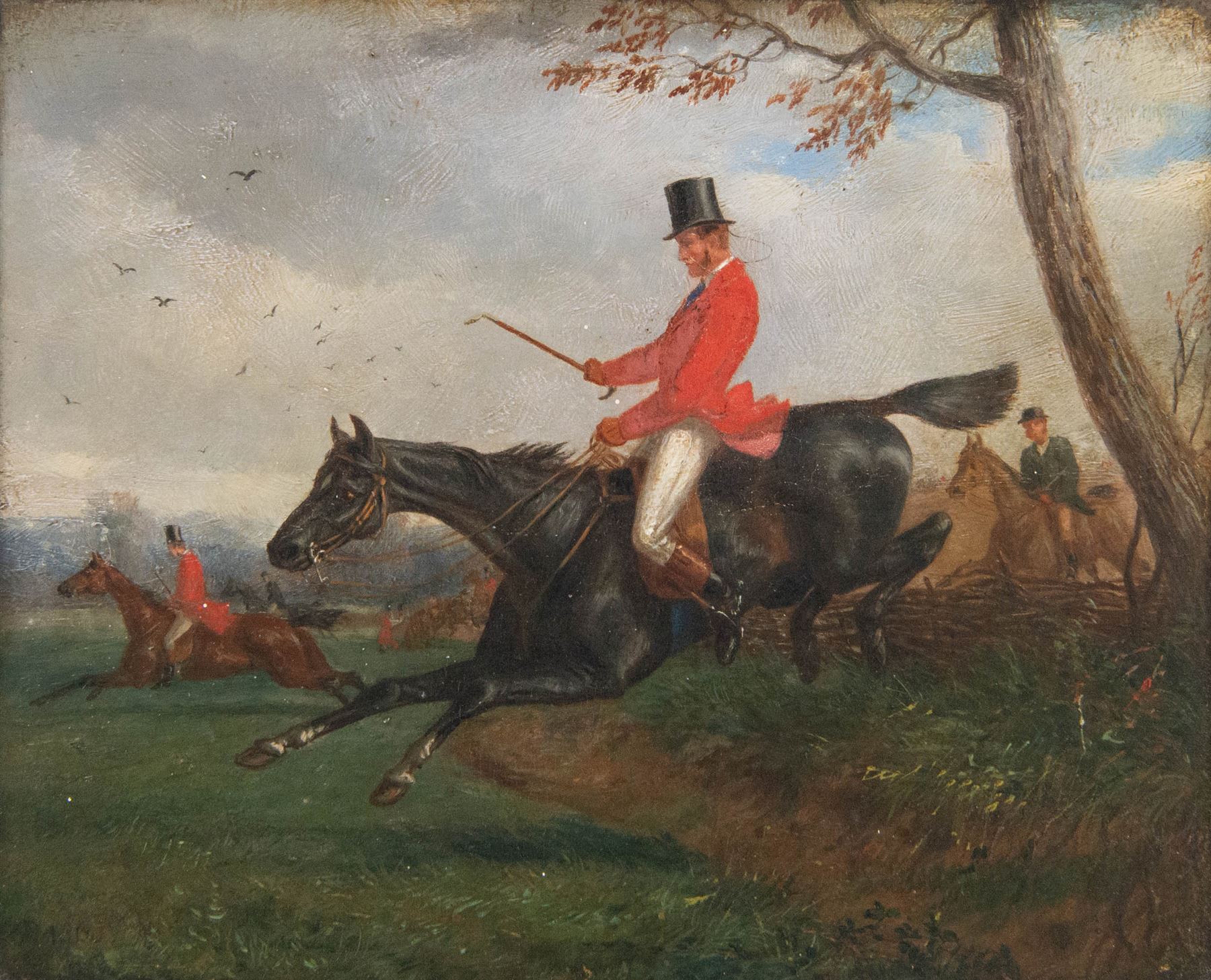After Samuel Henry Alken (British 1810-1894): The Steeplechase - Clearing a Hedge, oil on panel signed with monogram SA and dated 1863, 22cm x 27cm 
