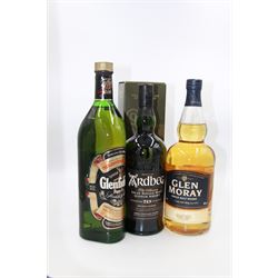 Ardbeg, 10 year old single malt Scotch whisky, 70cl 46% vol in presentation box, Glenfiddich, special old reserve pure malt Scotch whisky, 1 litre 40% G.L and Glen Moray, single malt whisky, 1l 40% vol (3)